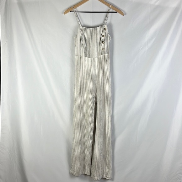 Urban Outfitters Blue Cream Stripe Linen Blend Sleeveless Jumpsuit - Picture 1 of 15